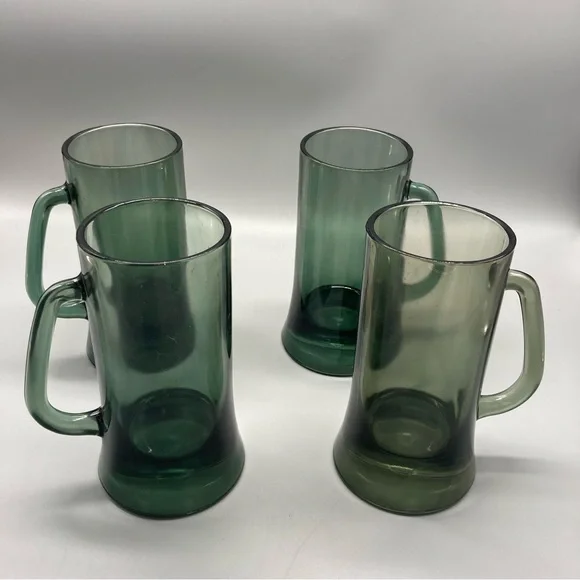 Mid Century Modern Glass set of 4 Beer Mug - Smoked Green Colored Barware EVC - Picture 3 of 6